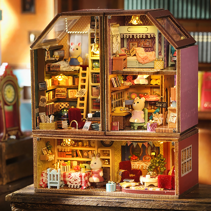 Qh Furnitures - Wooden Dollhouse With Furniture Light Miniaturas